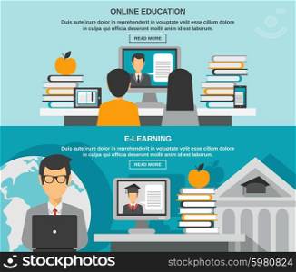 E-learning horizontal banner set with online education elements isolated vector illustration. E-learning Banner Set