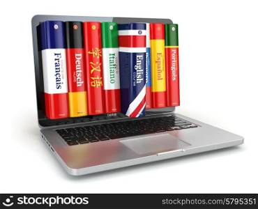 E-learning. Learning languages online. Dictionaries and laptop. 3d
