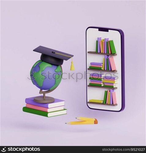 E-learning, online education concept. Planet Earth globe with graduation hat, stack of books, Mobile phone. Skill development. 3d render illustration