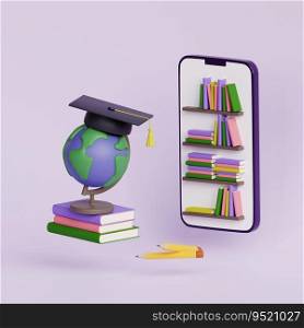 E-learning, online education concept. Planet Earth globe with graduation hat, stack of books, Mobile phone. Skill development. 3d render illustration