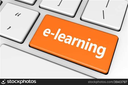 E-learning online education concept with sign and word on a orange computer key for blog, website and online business.