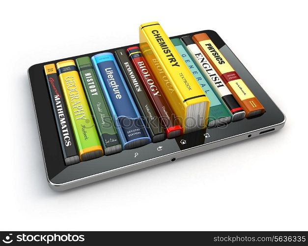E-learning. Tablet pc and textbooks. Education online. 3d