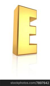 E letter. Gold metal letter on reflective floor. White background. 3d render