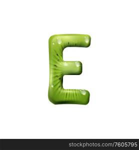 E letter of kiwi fruit isolated ABC symbol. Vector summer font with aqua splashes. Letter E isolated green kiwi font with water drops