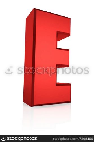 E letter. Red letter on reflective floor. White background. 3d render