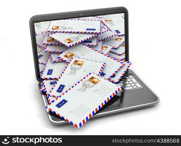 E-mail concept. Laptop and letters on white isolated background. 3d