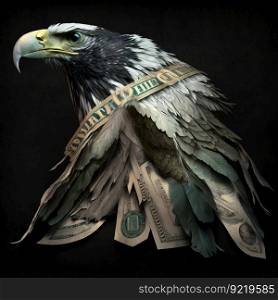Eagle and money dollars close up. Bald eagle close-up from banknotes. Symbol of power in America. AI generated.. Eagle and money dollars close up. Bald eagle close-up from banknotes. AI generated.