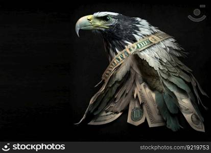 Eagle and money dollars close up. Bald eagle close-up from banknotes. Header banner mockup with space. AI generated.. Eagle and money dollars close up. Bald eagle close-up from banknotes. AI generated.