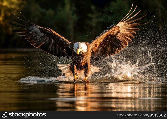 Eagle catching fish in a lake created with generative AI technology
