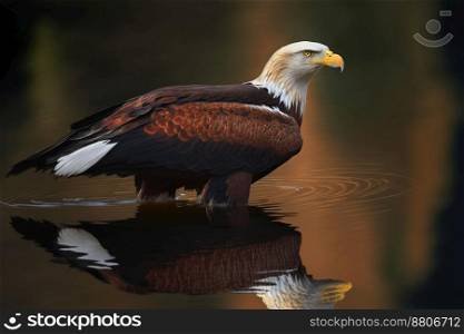 eagle standing in the water hunting fish