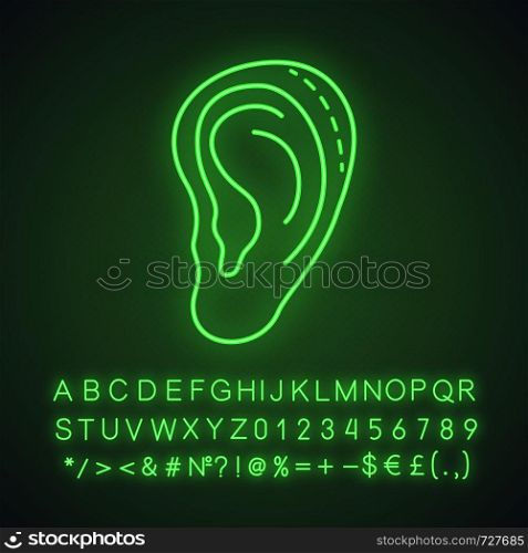 Ear plastic surgery neon light icon. Otoplasty. Ear reshaping and reconstruction. Facial rejuvenation. Glowing sign with alphabet, numbers and symbols. Vector isolated illustration. Ear plastic surgery neon light icon