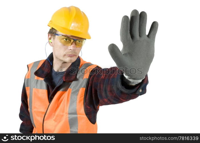 ear plugs goggels and protective gloves giving a stop sign with his hand. Clipping Path included