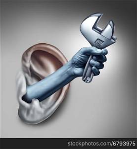 Ear therapy as a medicine medical concept as the hand of a doctor or health specialist treating the human hearing organ as a physician performing an examination for auditory symptoms holding a wrench as a symbol with 3D illustration elements.