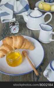 Early breakfast consisting of a cup of tea and croissants with a honey