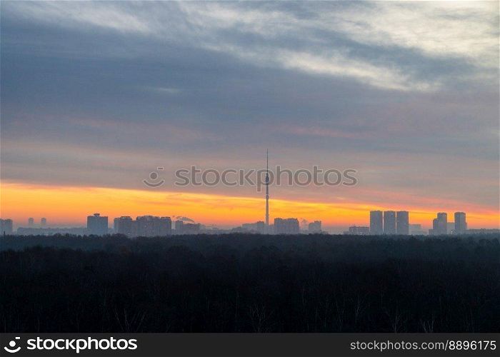 early cold winter dawn over forest and city on horizon
