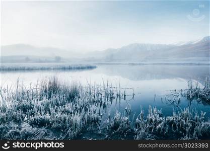 Early foggy morning on the shore of the lake mirror. Frost on the grass near the water.