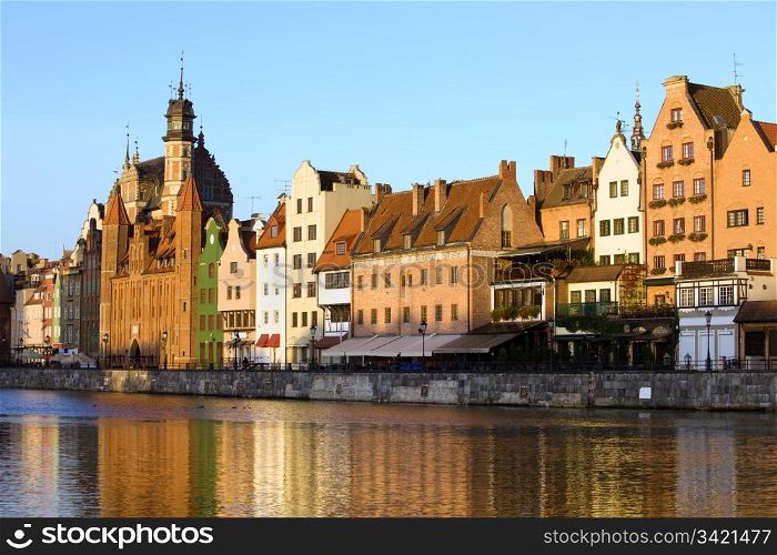 Early morning at the Old Town by the Motlawa river in the city of Gdansk, Poland