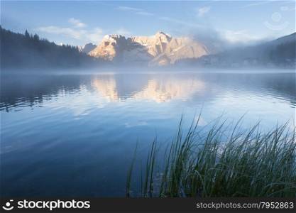Early morning on the Lake Misurina, Tre Cime Di Lavaredo, Dolomites Alps, Europe.