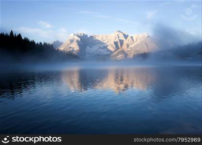 Early morning on the Lake Misurina, Tre Cime Di Lavaredo, Dolomites Alps, Europe.