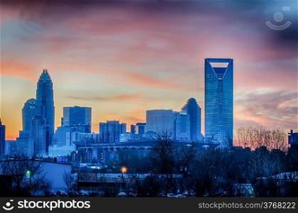 early morning sunrise over charlotte city skyline downtown