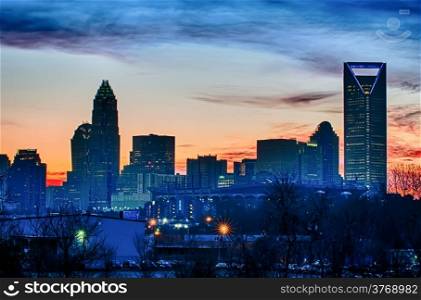 early morning sunrise over charlotte city skyline downtown