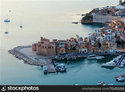 Early morning view to Tyrrenian sea bay near Castellammare del Golfo town and pier from parking and resting place Localita Belvedere Castellammare del Golfo (Trapani region, Sicily, Italy).