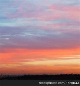 early sunrise sky with blue and pink clouds over city