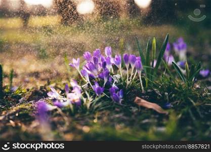 Early wild cocuses in march under sunset rays in a park. Nature floral background. Purple cocuses under sunset rays in march