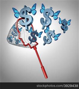 Earn money concept and smart investing financial symbol as a business metaphor with a net shaped as a human head catching flying dollar signs with blue butterfly wings as an icon of building wealth.