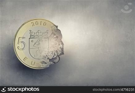 Earning mechanisms. Euro 5 coin and cogwheels on digital background