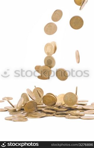 earning money concept, falling golden coin, with white background. wealth concept.