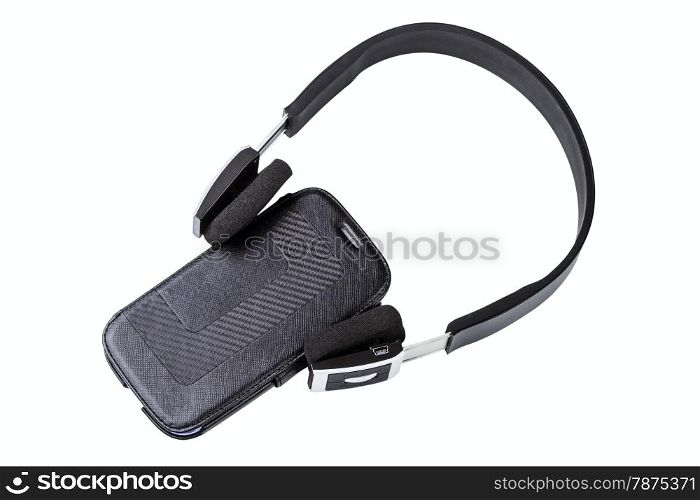 earphones and smartphone isolated on a white background