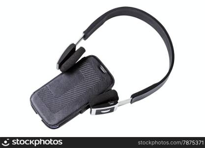 earphones and smartphone isolated on a white background