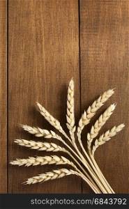 ears of wheat on wood. ears of wheat on wooden background
