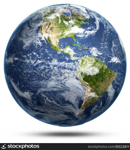 Earth - America white isolated 3d rendering. Earth - America white isolated. Earth globe model, maps courtesy of NASA 3d rendering. Earth - America white isolated 3d rendering