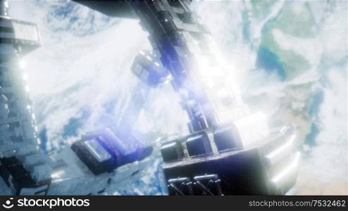 Earth and Spacecraft. Elements of this image furnished by NASA.. Space Station And Earth. 3D Animation