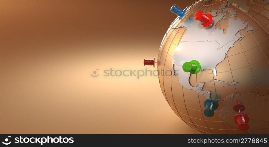 Earth and thumbtacks on orange background. 3d