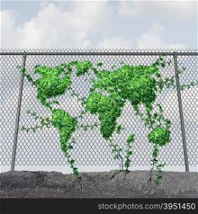 Earth Day concept and environmental protection symbol as a chain link fence with a growing green leaf vine shaped as a world global map of the planet as an icon of spring.