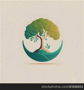 Earth Day minimalistic flat emblem with simplified planet circle symbol, green tree on neutral color background. Environmental care, nature protect or ecological concept. AI Generative content