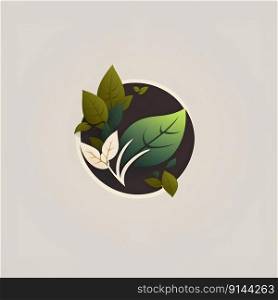 Earth Day minimalistic flat square emblem with simplified planet circle symbol, green leaves on neutral color background. Environmental care, nature protect, ecological concept. AI Generative content