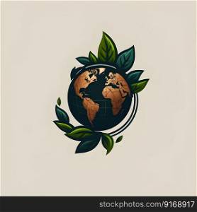 Earth Day minimalistic square emblem with simplified planet circle symbol green leaves on neutral color background. Environmental care, nature protect or ecological concept. AI Generative content