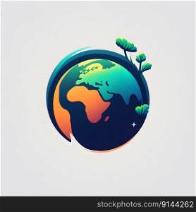 Earth Day minimalistic square emblem with simplified planet circle symbol, green trees on neutral color background. Environmental care, nature protect or ecological concept. AI Generative content