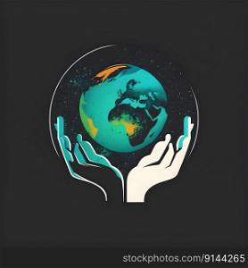 Earth Day minimalistic square emblem with simplified planet circle symbol in hands on black color background. Environmental care, nature protect or ecological concept. AI Generative content