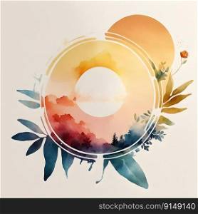 Earth Day minimalistic square watercolor emblem with simplified planet circle symbol, green leaves on neutral color background. Environmental care, nature beauty or ecological concept. AI Generative content