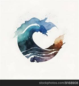 Earth Day minimalistic square watercolor emblem with simplified planet circle symbol, ocean water wave on neutral color background. Environmental care, nature beauty or ecological concept. AI Generative content