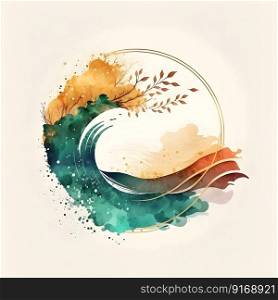 Earth Day minimalistic square watercolor emblem with simplified planet circle symbol, ocean water wave on neutral color background. Environmental care, nature beauty or ecological concept. AI Generative content