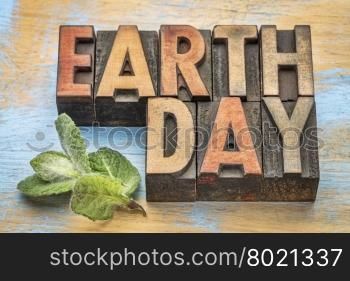 earth day - word abstract in vintage letterpress wood type with a green peppermint leaf