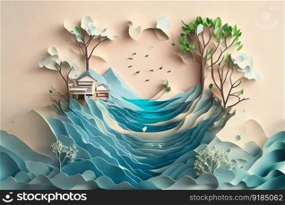 Earth Day, World Water Day, World Environment Day, environmental protection, and saving the earth&rsquo;s water are all related to paper art. Generative AI.