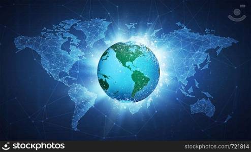 Earth globe flying in white particles on the background of blockchain technology network polygon world map. Climate change concept for global warming poster, placard, card or banner.. Earth globe flying on world map background.