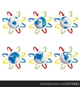 Earth globes and arrows, isolated object over white background